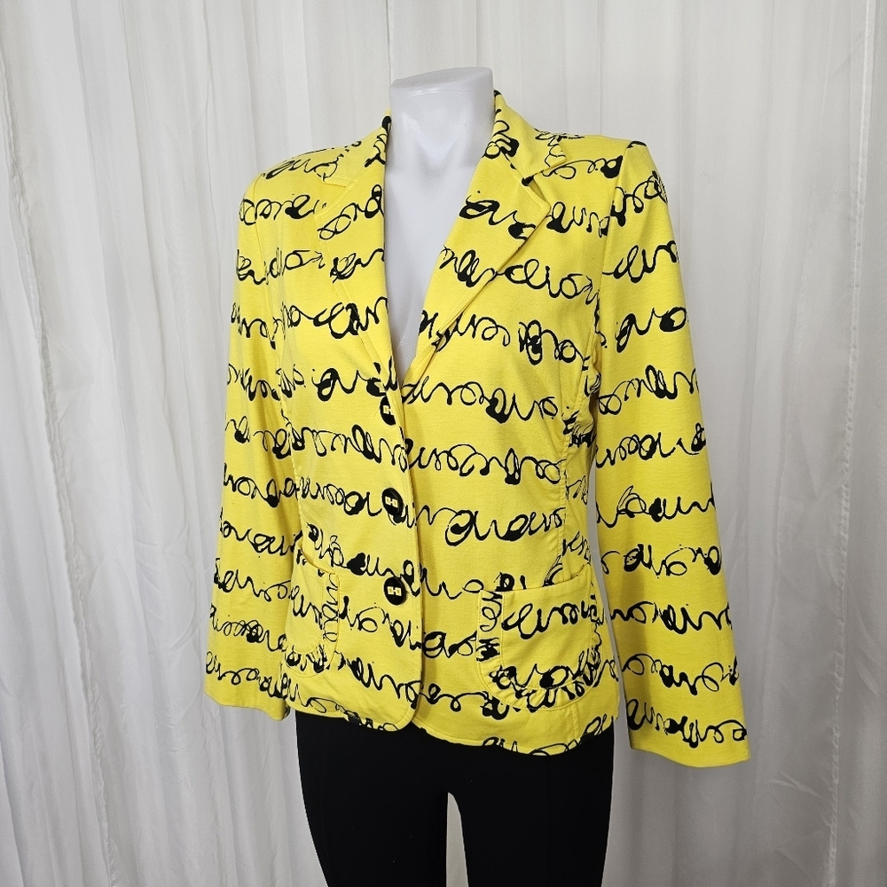 Joseph Ribkoff Yellow Black Scribble Lightweight Knit Soft Blazer Jacket Size 8